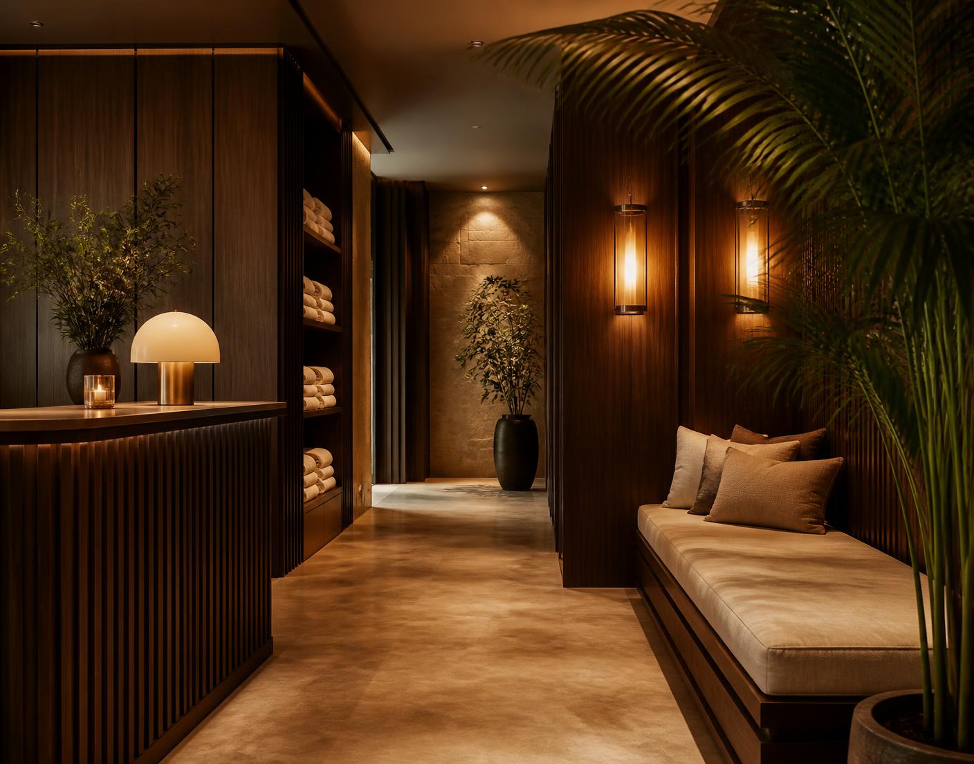 Warm reception area with dark wood panelling and brass sconces