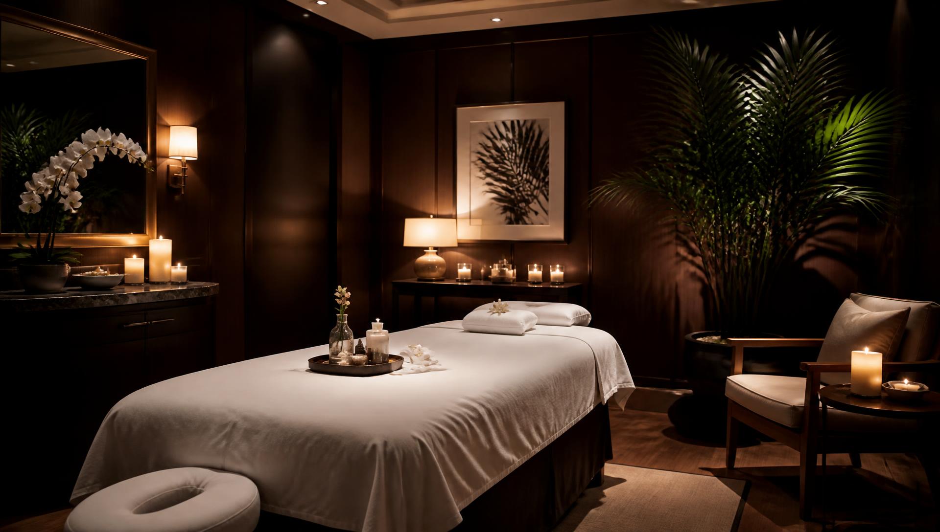 Candlelit private massage treatment room with white linens and palm plants
