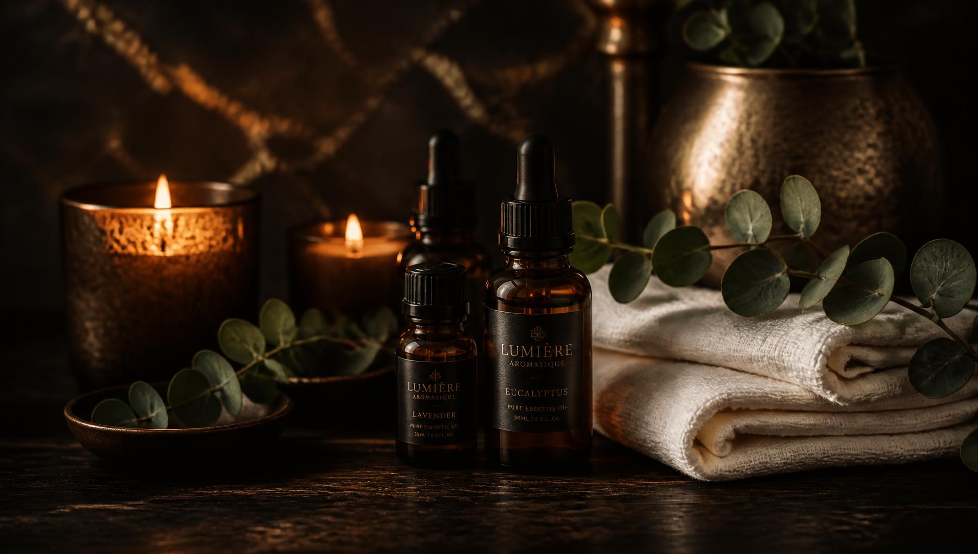 Warm massage oil poured into a bowl beside folded towels and candles