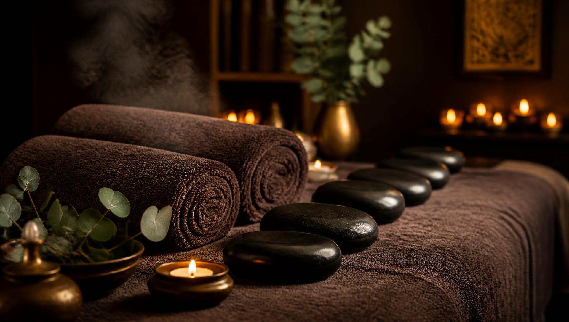 Hot basalt stones, rolled towels and eucalyptus on a massage table