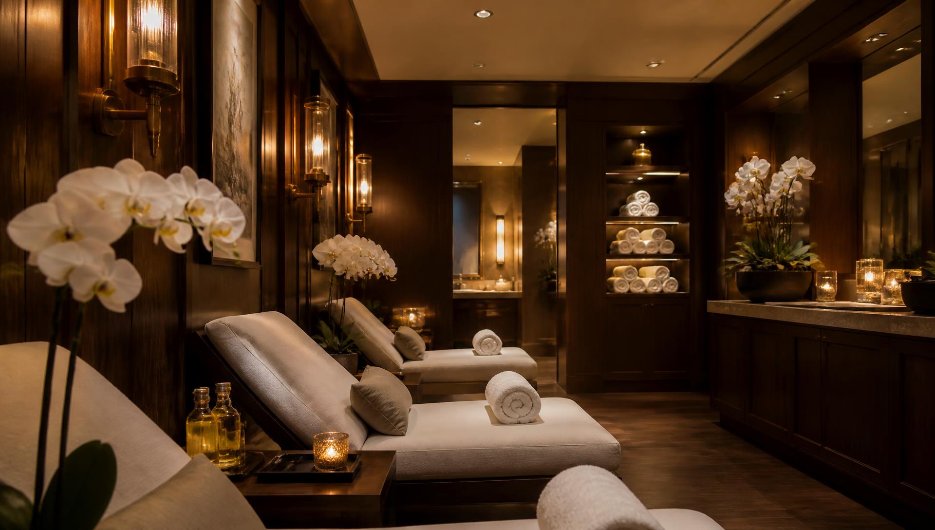Elegant spa relaxation lounge with towels, orchids and brass sconces