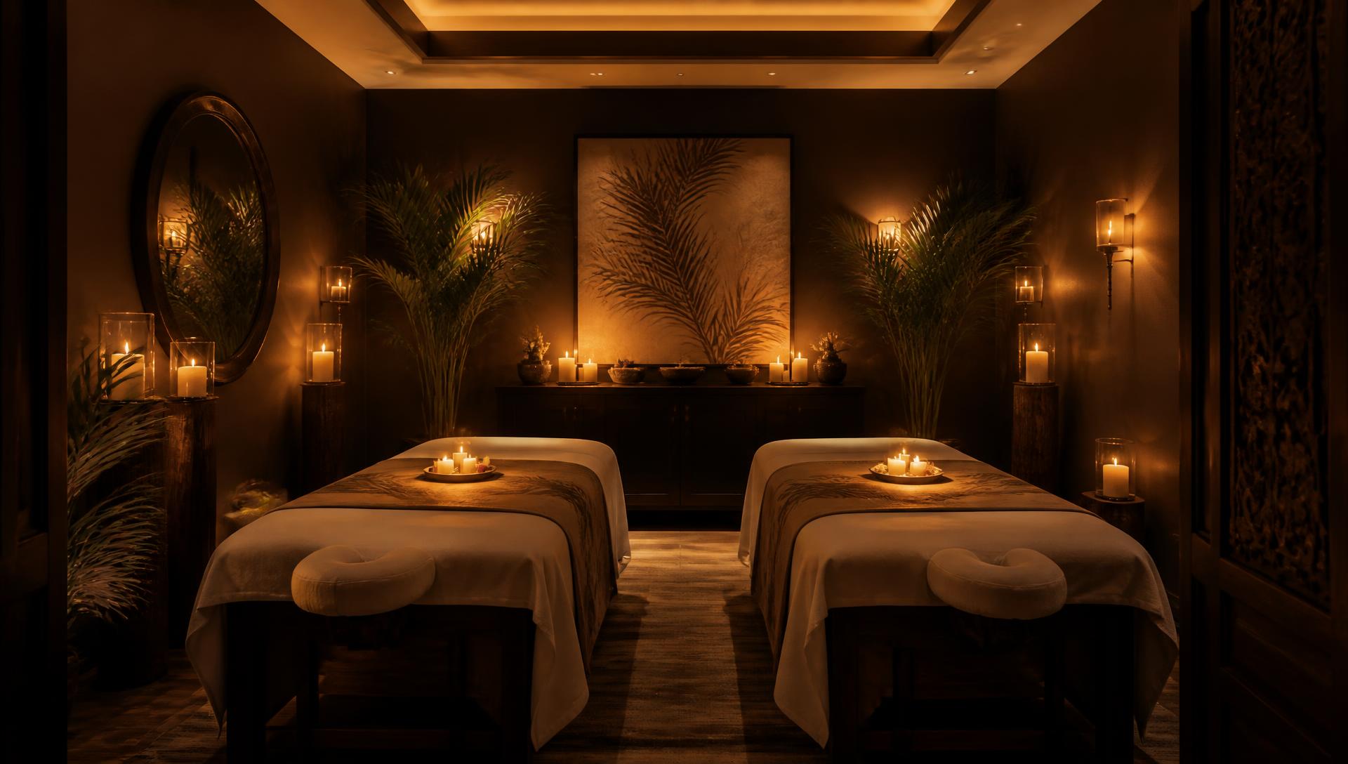 Couples massage room with two treatment tables and candlelight